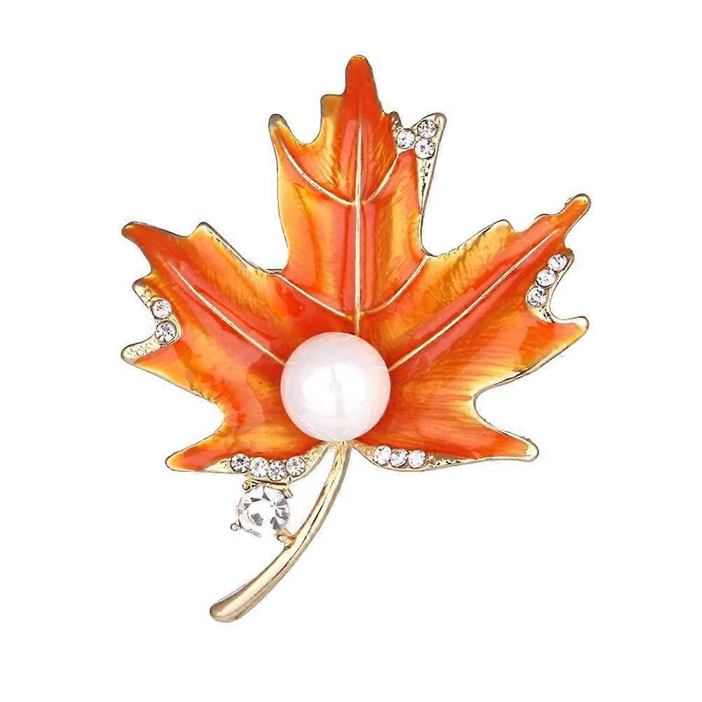 Vintage Style Brooches Crystal Maple Leaf Pearl Breast Pin Valentine's Day Elegant Appearance Orange 6x5cm Women Brooch 1Pack