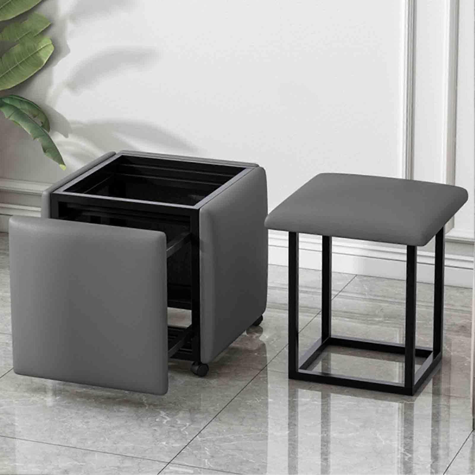 積み重ね可能なオットマン付き5in1チェア、ナッパレザーシート、炭素鋼フレーム(35x35x35cm)