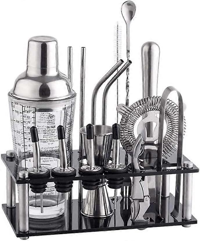 Bamboo stand cocktail shaker set – stainless steel bar tools. bar set for home bars, tool set, bartender kit.