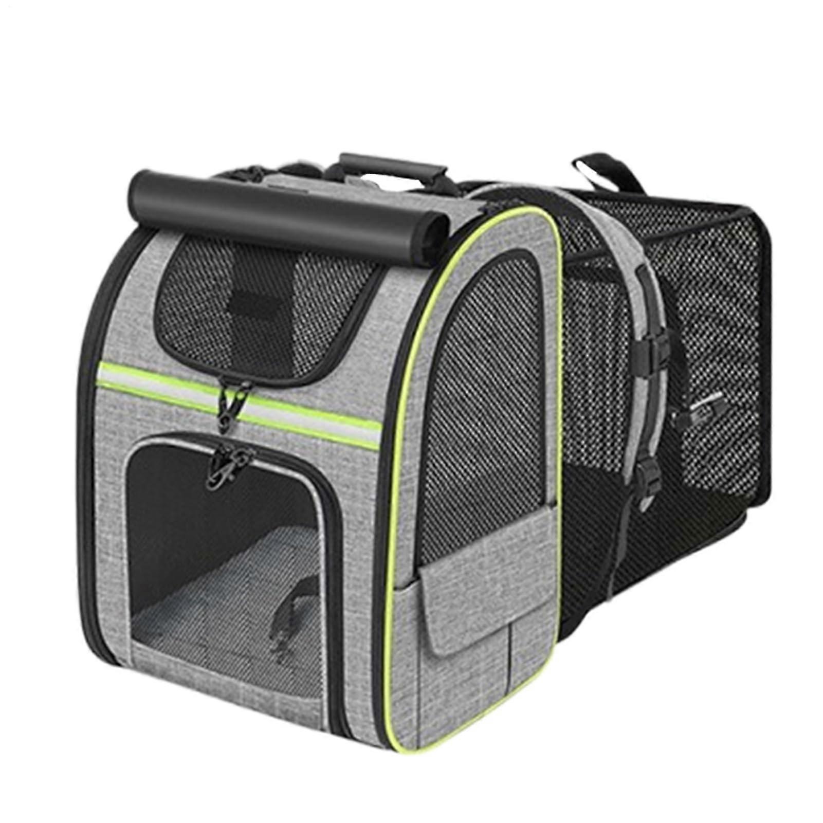 Portable Cat Backpack Carrier Foldable Breathable Expandable Pet Travel Bag for Hiking Camping Travel Car, Gray with Green Edges
