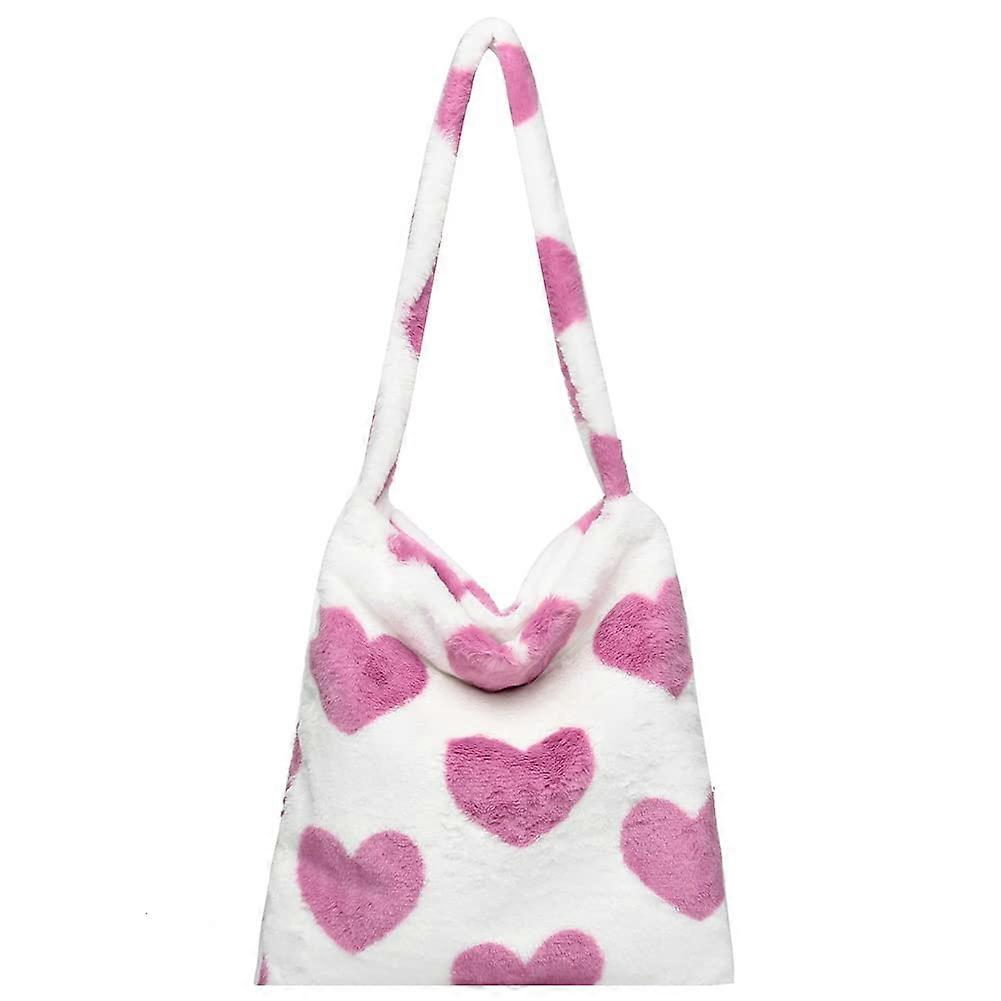 Vintage Shoulder Handbags Large Capacity Soft Plush Top Handle Leopard Print for Autumn Winter Travel Pink Heart