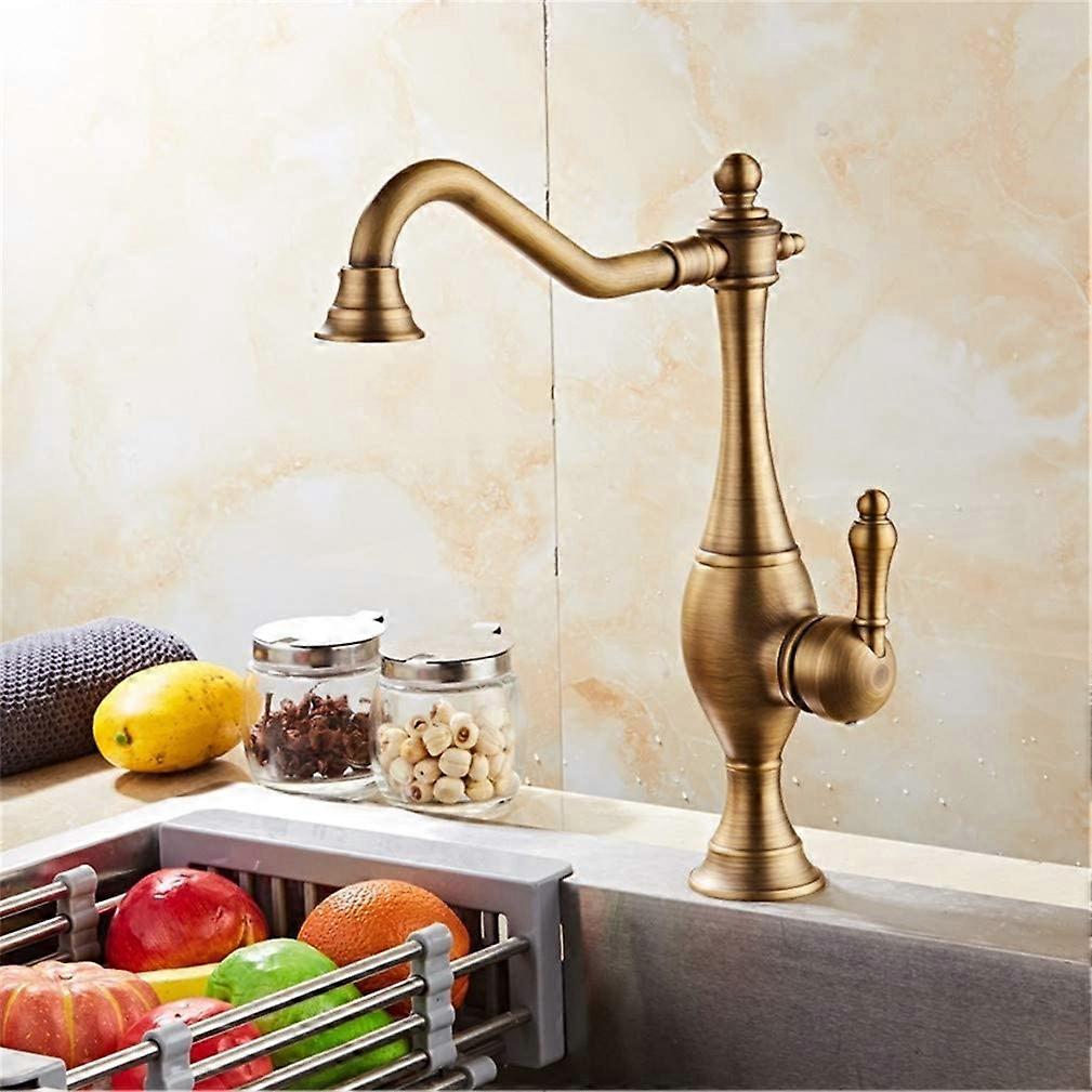 Kitchen Sink Faucets with Pull-Out Spray, Chrome-Plated Single-Lever Tap, Swivel Water Mixer with Antique Brass Finish