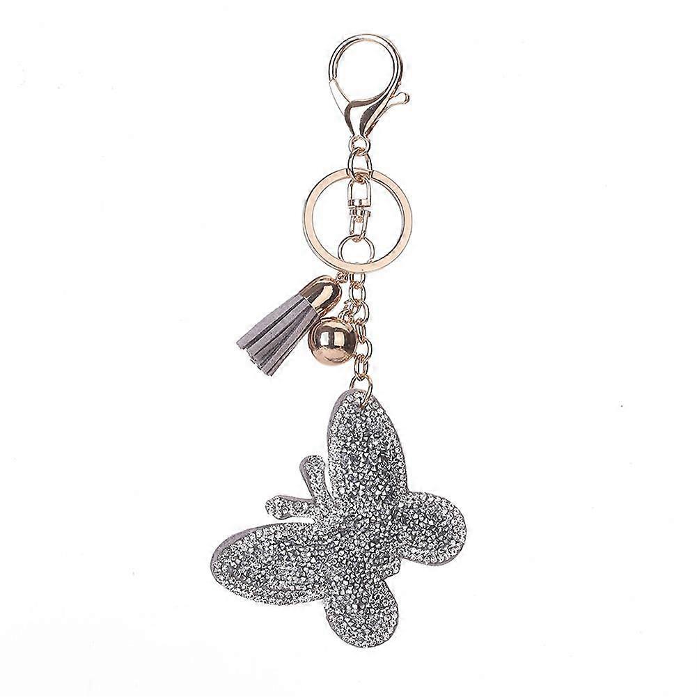ריינסטון מפתח שרשרת טבעת פרפר צורת חיקוי עור מחזיק מפתחות קישוט תיק (אפור)