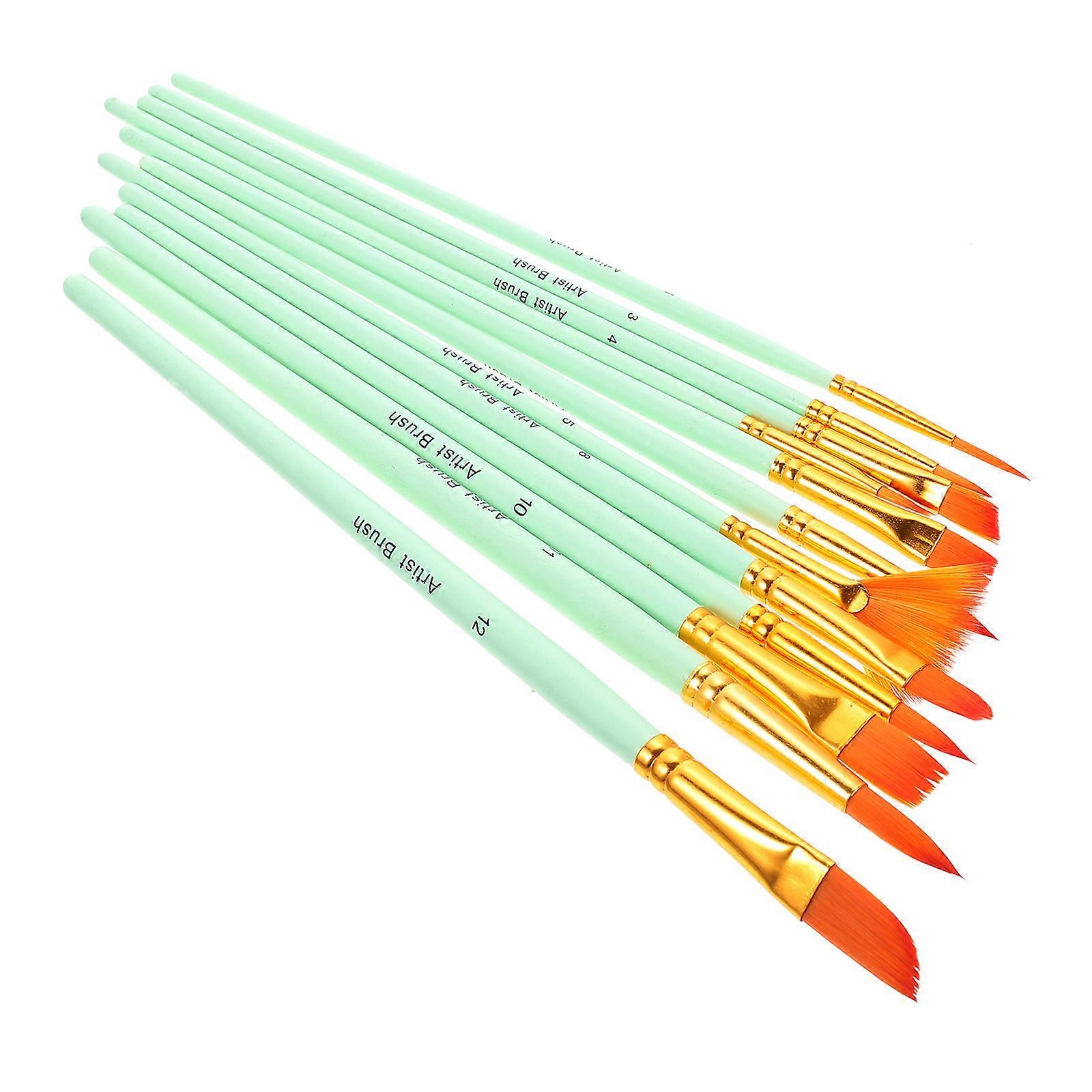 Light Green Nylon Paint Brush Set for Professional Watercolor and Acrylic Painting 12Pcs