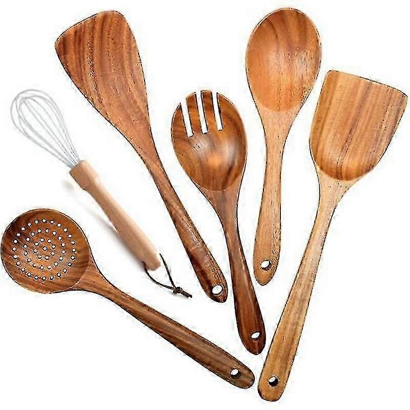 6pcs Teak Unpainted Solid Wood Spatula Kitchen Cooking Soup Wooden Spoon Wooden Spatula