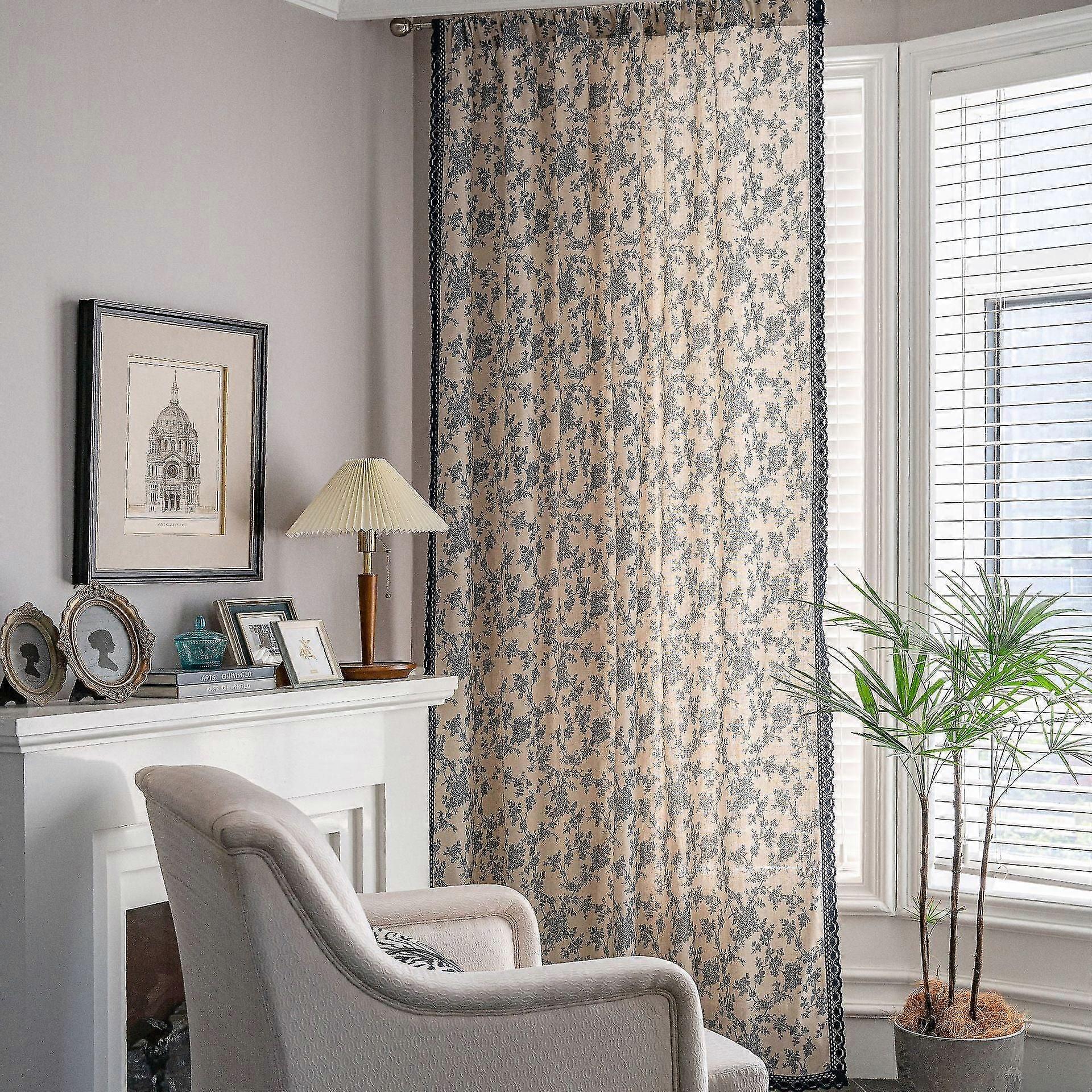 الأزرق روز القطن الكتان ستارة المطبخ المطبوعة نصف الظل ستارة غرفة نوم