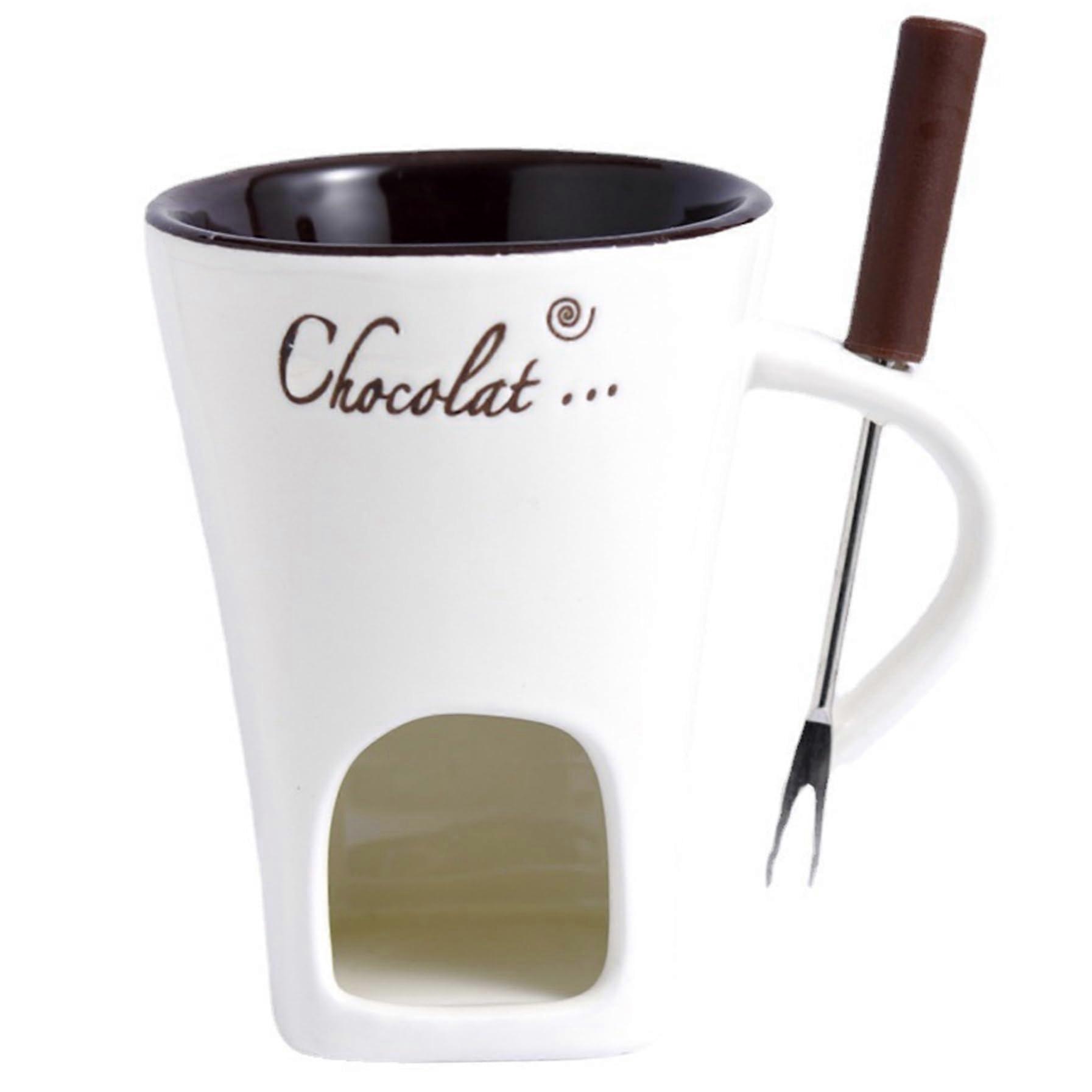 Chocolate Fondue Cup With Fork, 130ml Ceramic Mug With Handle, Hole For Fork Holding, Tealight Not Included