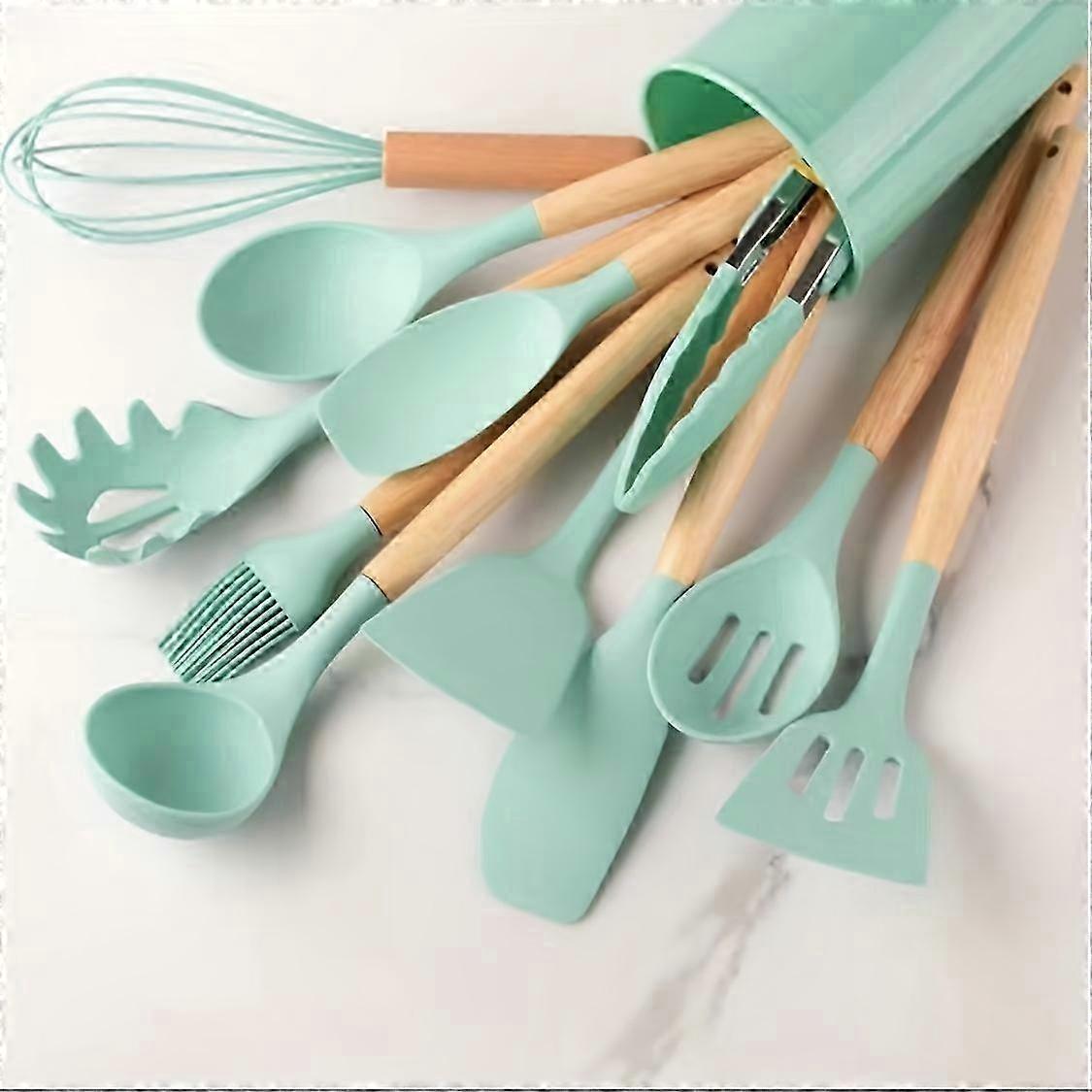طقم أواني مطبخ من السيليكون مكون من 12 قطعة بمقابض خشبية ، وأدوات طهي غير لاصقة ، وتصميم حديث متين وقابل للغسل
