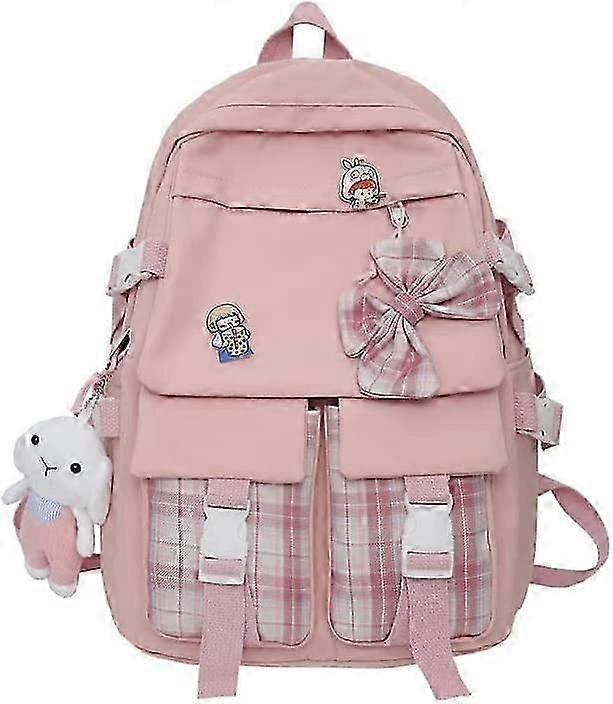 カワイイバックパックティーンガール日本のランドセルと大きな蝶結びカワイイ学用品格子縛プレッピーバックパックガールズ(ピンク、ワンサイズ)