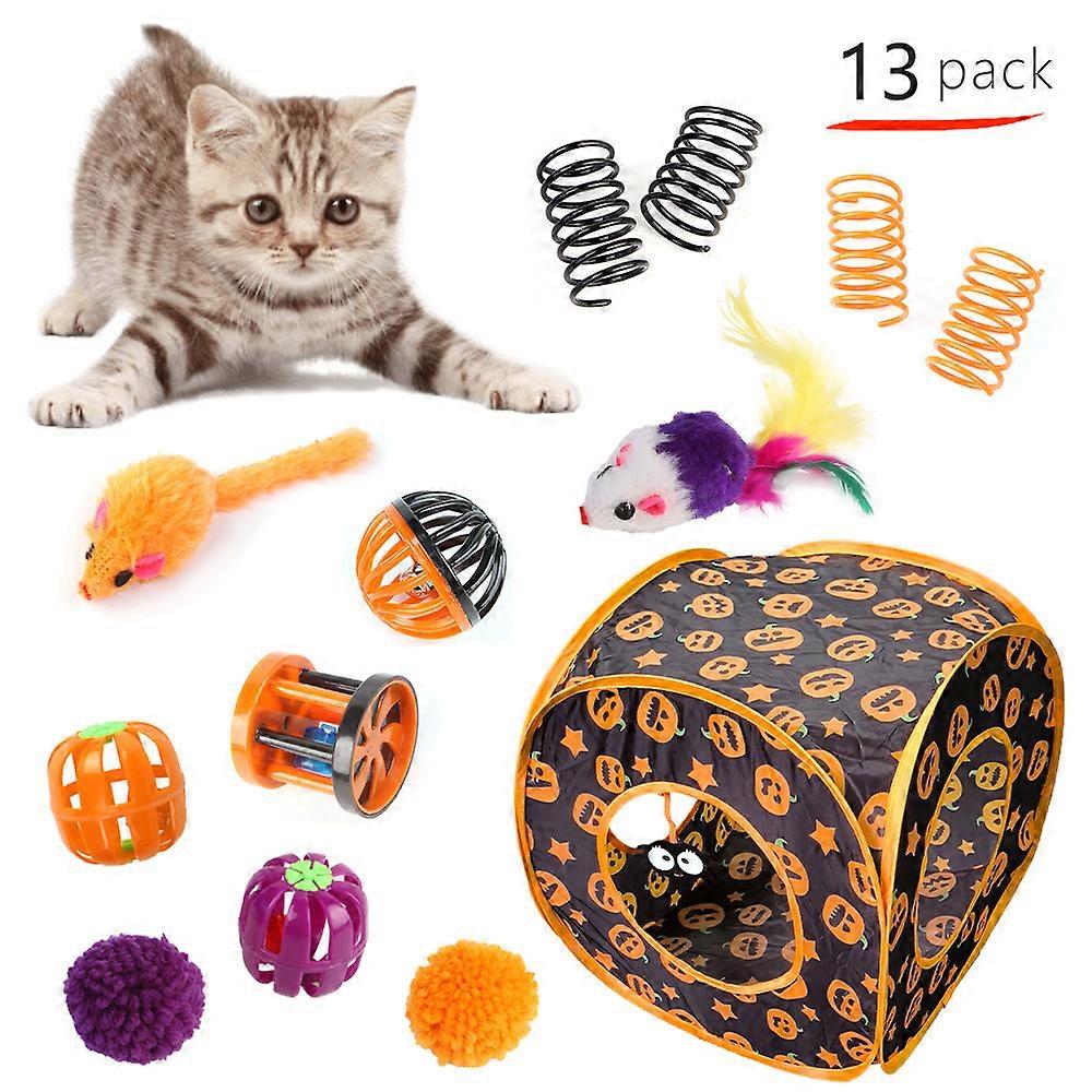 13-Piece Halloween Cat Tunnel Toy Set with Pumpkin Cube Design