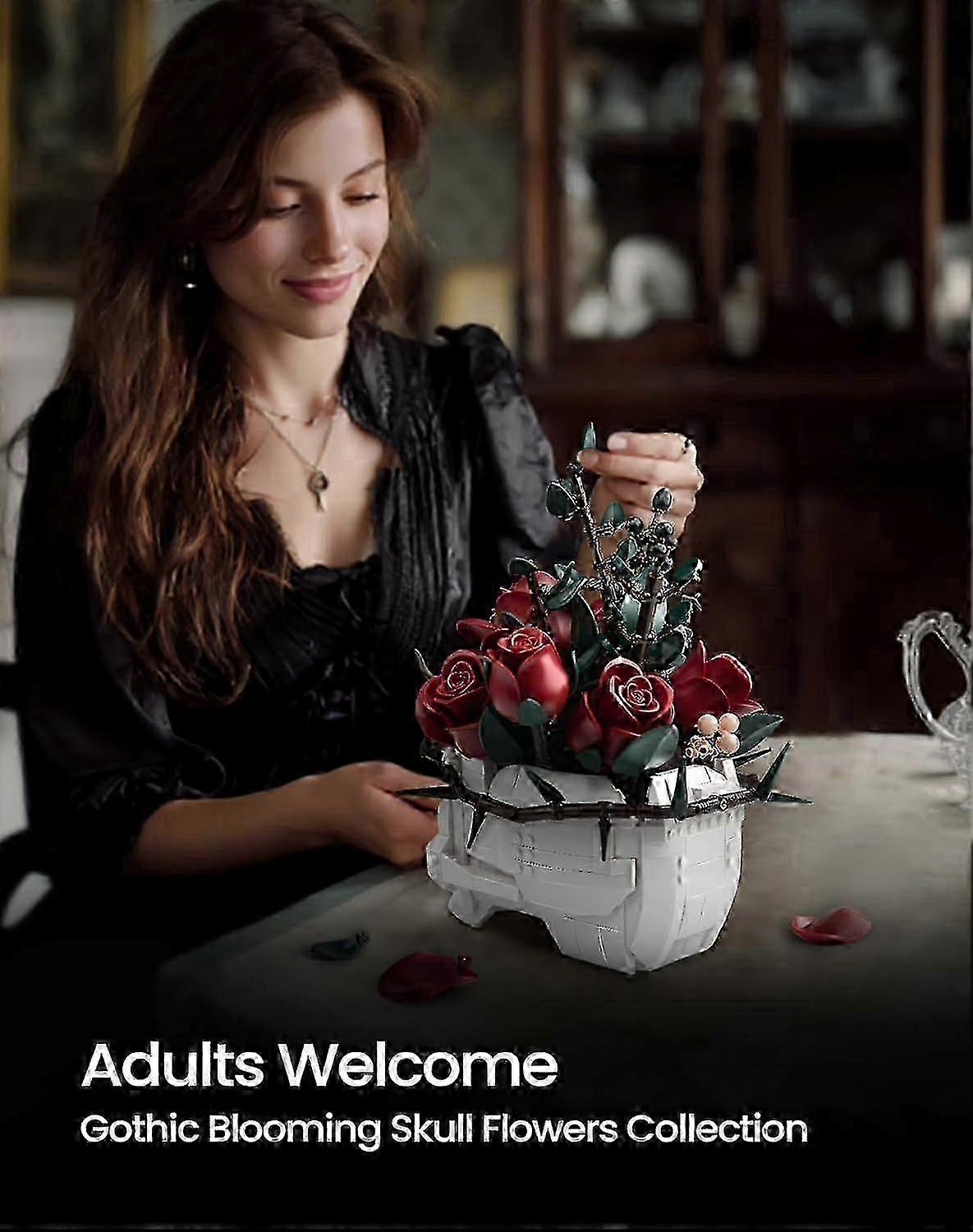 مجموعة بناء باقة الجمجمة الوردية للبالغين - هالوين قوطية الرعب الهيكل العظمي وعاء النبات ديكور المنزل - مجموعة الزهور الاصطناعية النباتية هدايا ل