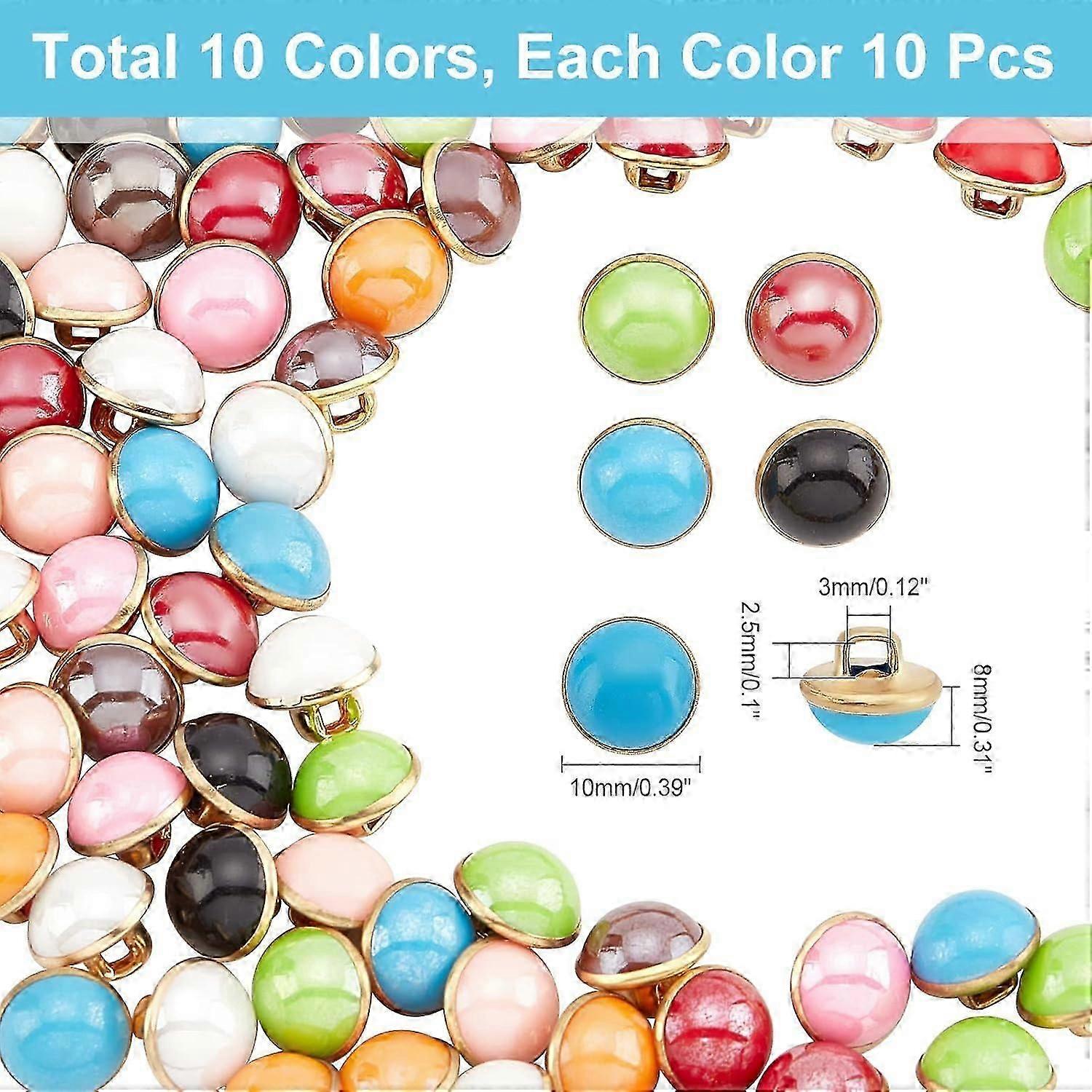 100 Pcs 10mm Pearl Resin Buttons Half Resin Dome Cap Gold Brass Base Buttons Crafting Sewing Shank Buttons for Clothes DIY Project 10 Colors