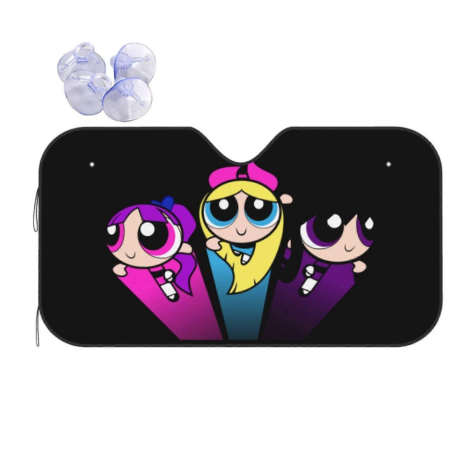 The Powerpuff Girls Reflector Windshield Sunshade, compatible with most cars, blocks heat and UV rays with reflective polyester. Foldable design