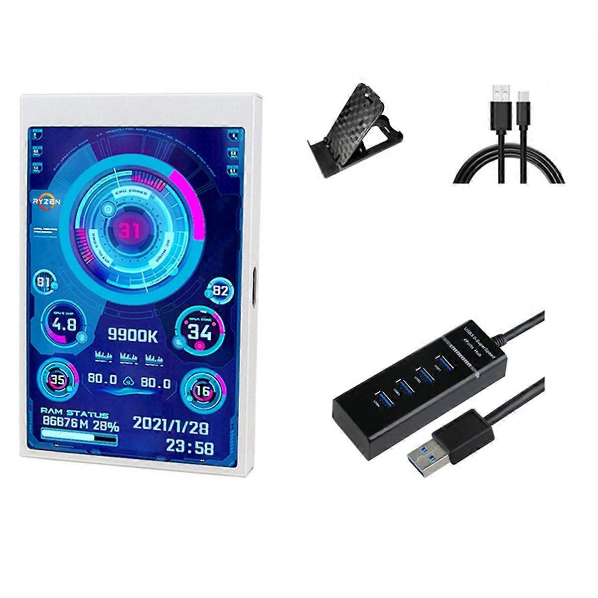 3.5 Inch IPS Mini Screen with 4-Port USB HUB for Computer CPU GPU RAM HDD Data Monitor Type-C LCD Mo