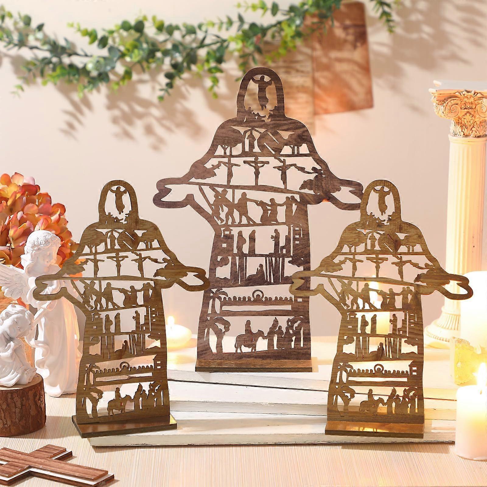 Easter Nativity Scene Wooden Tabletop Decorations Set of 3 for Home Tiered Tray Display