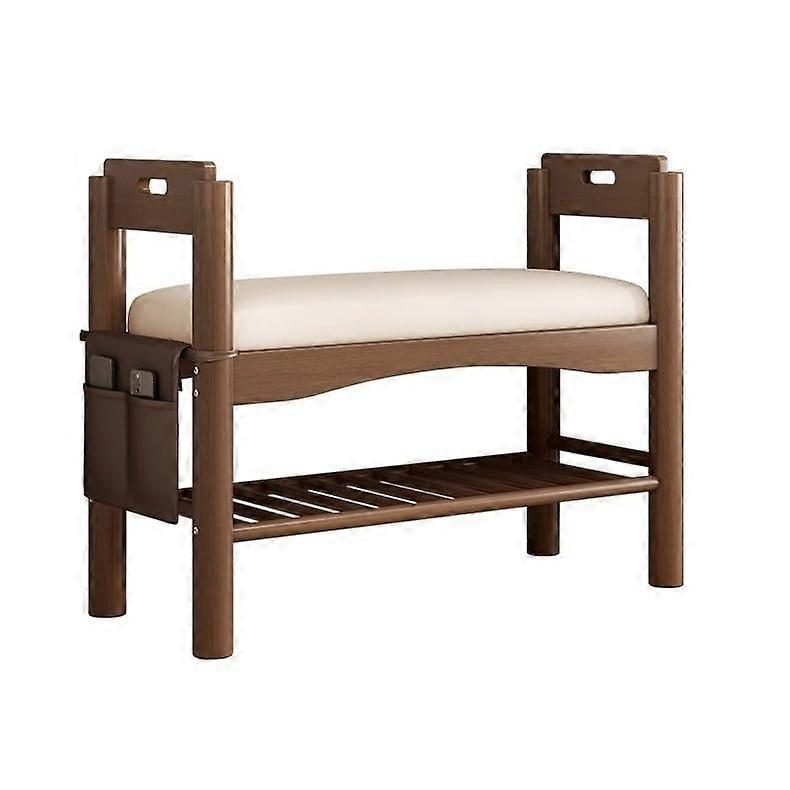 Solid Wood Shoe Bench with Armrests and Storage Cabinet for Entryway and Elderly Use