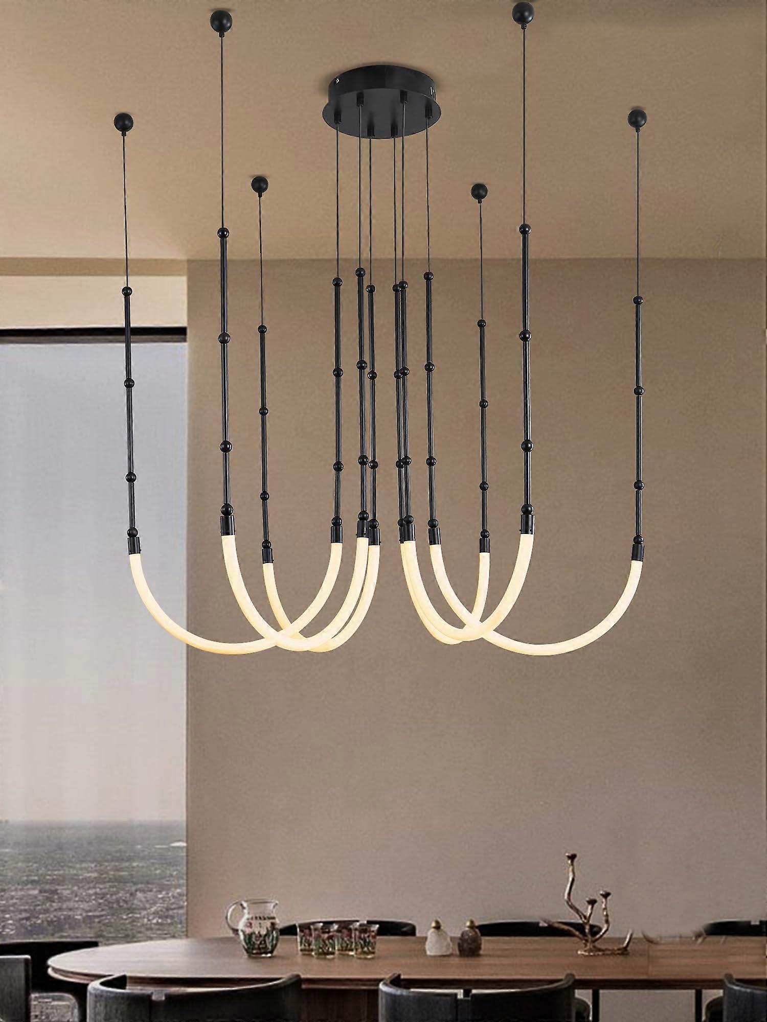 Modern LED Chandelier with Remote, Dimmable Black Linear Light for Dining Room, Adjustable Height