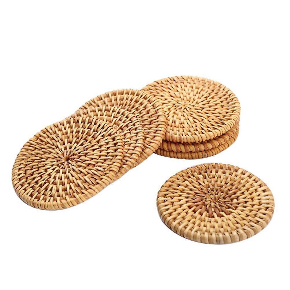 6 Pack Handmade Rattan Coasters Set with Holder, Boho Wicker Heat Resistant Drink Coasters 5 Inch
