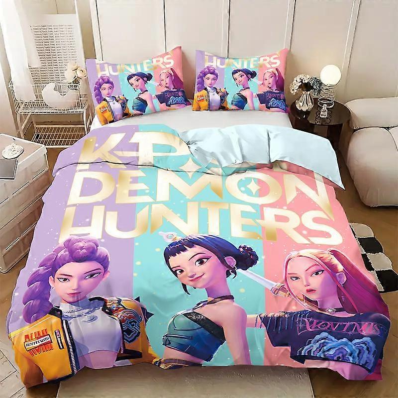 3-piece set (1 quilt cover + 2 pillowcases, coreless) Kpop D-demon Hunters girl group element printed quilt cover set, soft and comfortable 