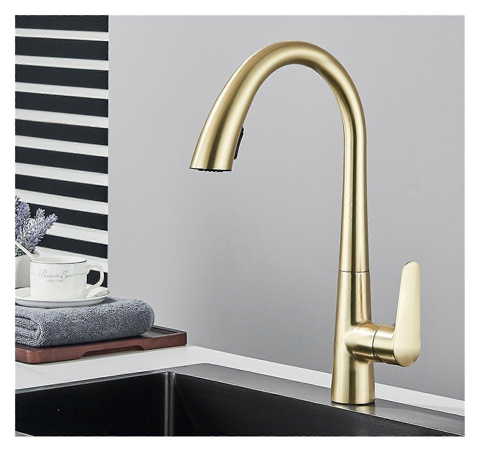 Brushed Gold Pull Out Kitchen Faucet Single Handle Hot and Cold Mixer Tap 360° Swivel Design