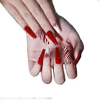 Red Snowflake Long Coffin Press on Nails Set for Women, 24pcs Holiday Acrylic Fake Tips