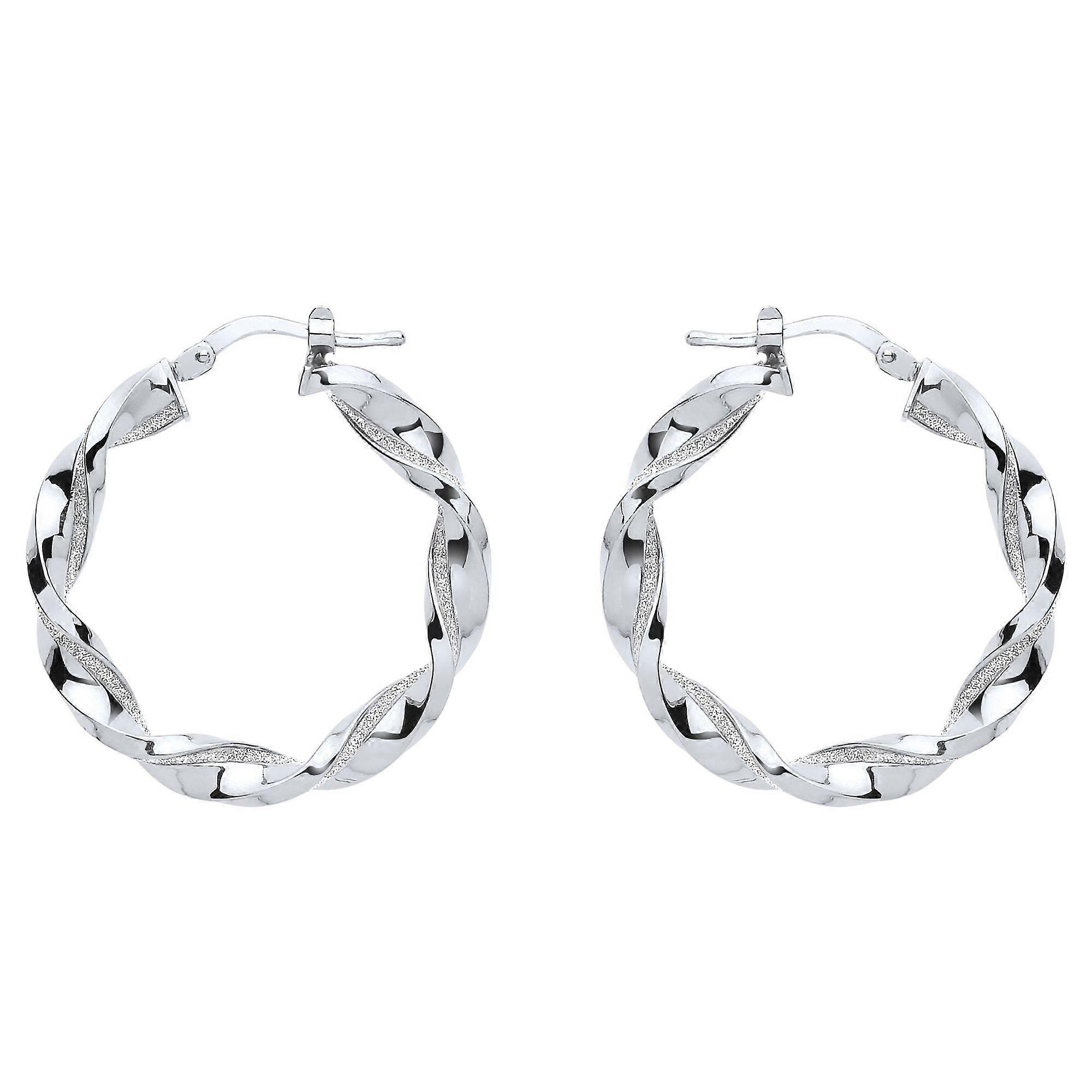 Jewelco London Ladies Sterling Silver Square Tube Twist Moondust Hoop Earrings 30mm