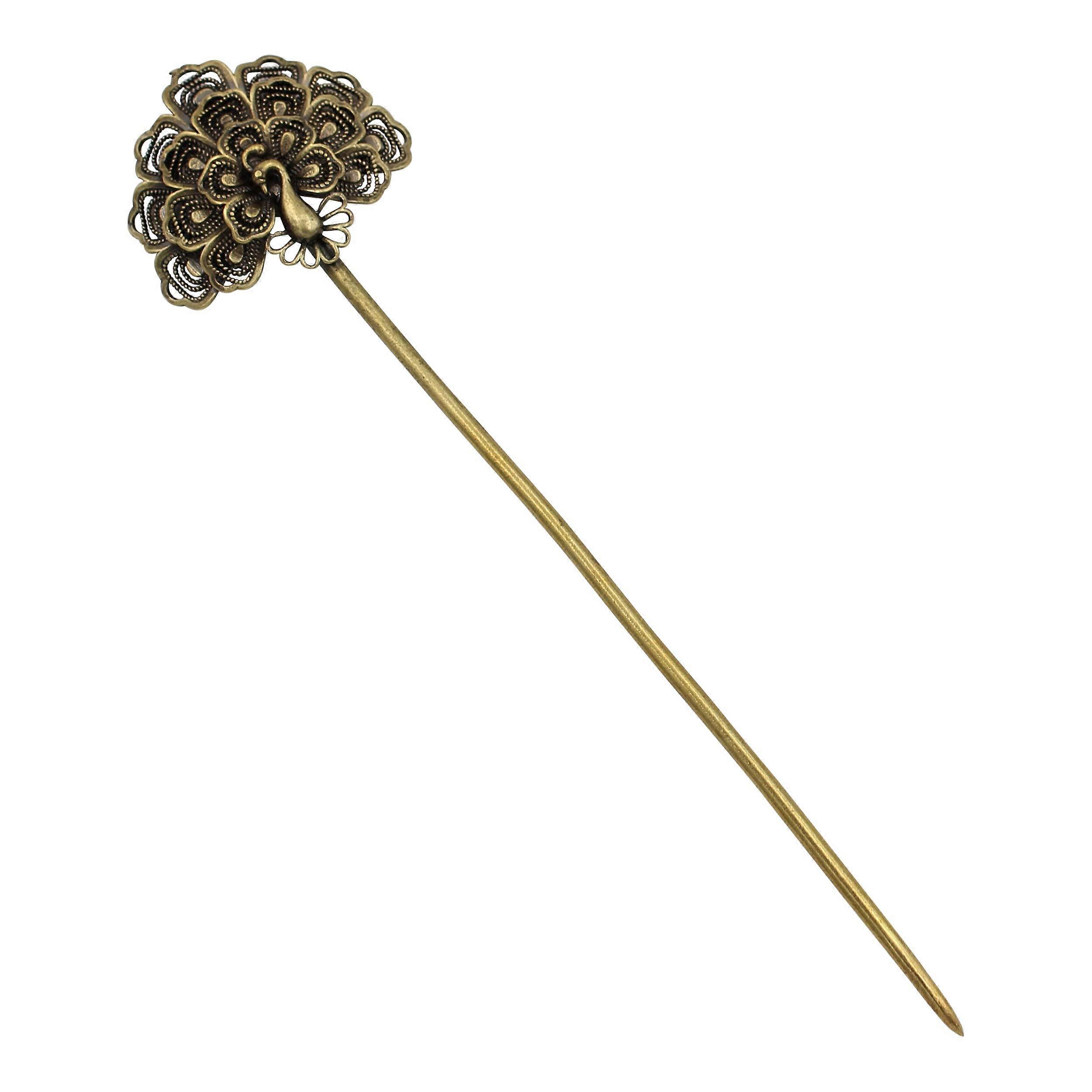 Solid Brass Hair Stick with Peacock Design for Secure Updo and Retro Boho Hairstyles