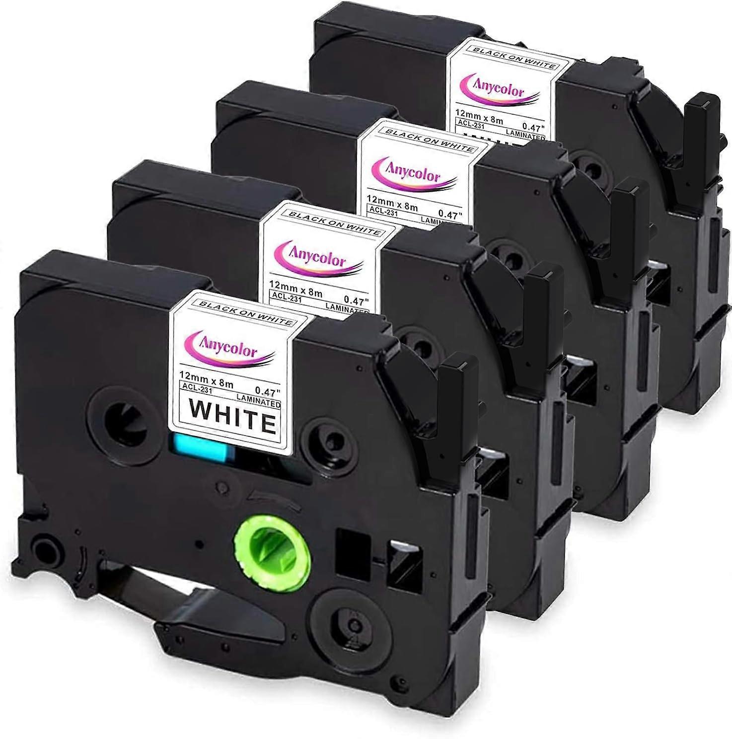 Label Maker Tape TZe231 12mm Black on White, Laminated, Compatible PTouch, 4Pack