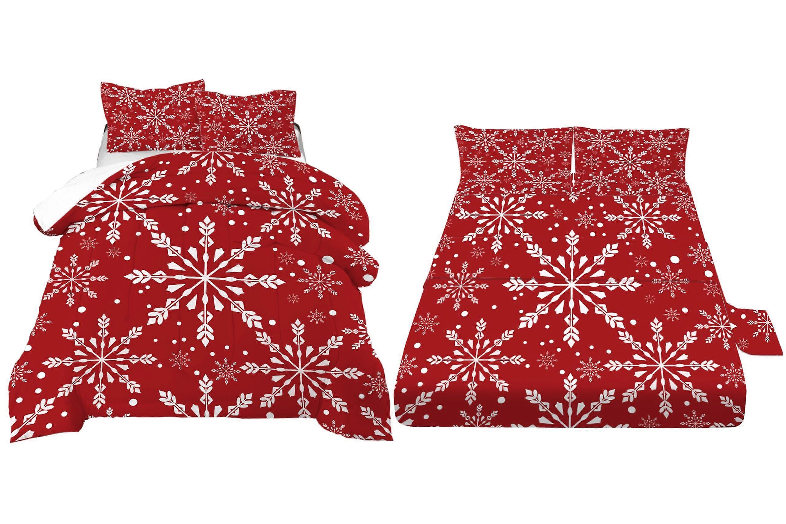 Christmas Bedding Set Full Size Red and White Snowflake Comforter with Sheets Soft Microfiber