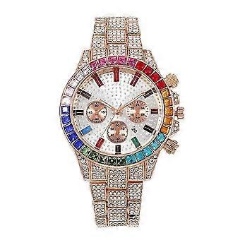 Chronograph Quarzuhr Goldfarben/Regenbogen Strass Diamant