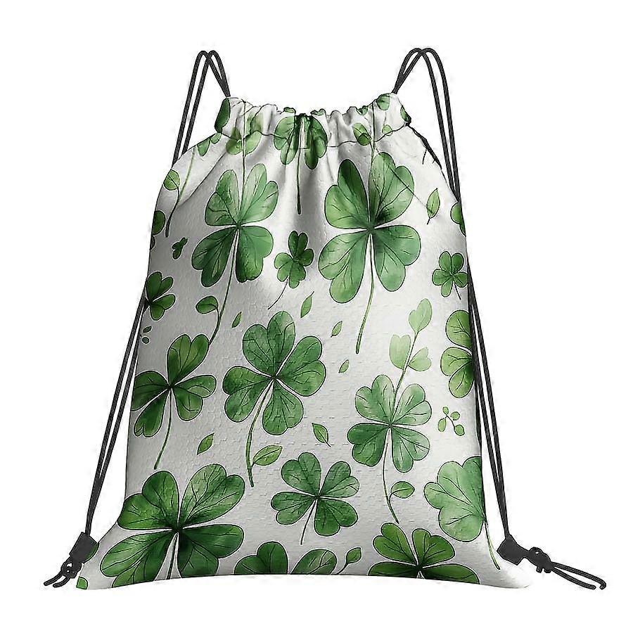 1pc 2D Printed Four-Leaf Clover Pattern Drawstring Gym Bag - Fresh Green Leaf Drawstring Backpack, Lightweight Polyester-Cqazw