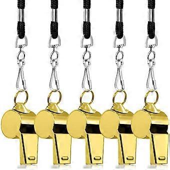 5-pack stainless steel whistles, FineGood loud metal whistle with lanyard for referees coaches lifeguards survival  [XR]