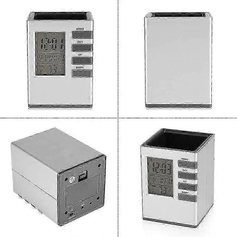 Multifunctional Desk Led Clockbrush Pot Pen Holder Temperature