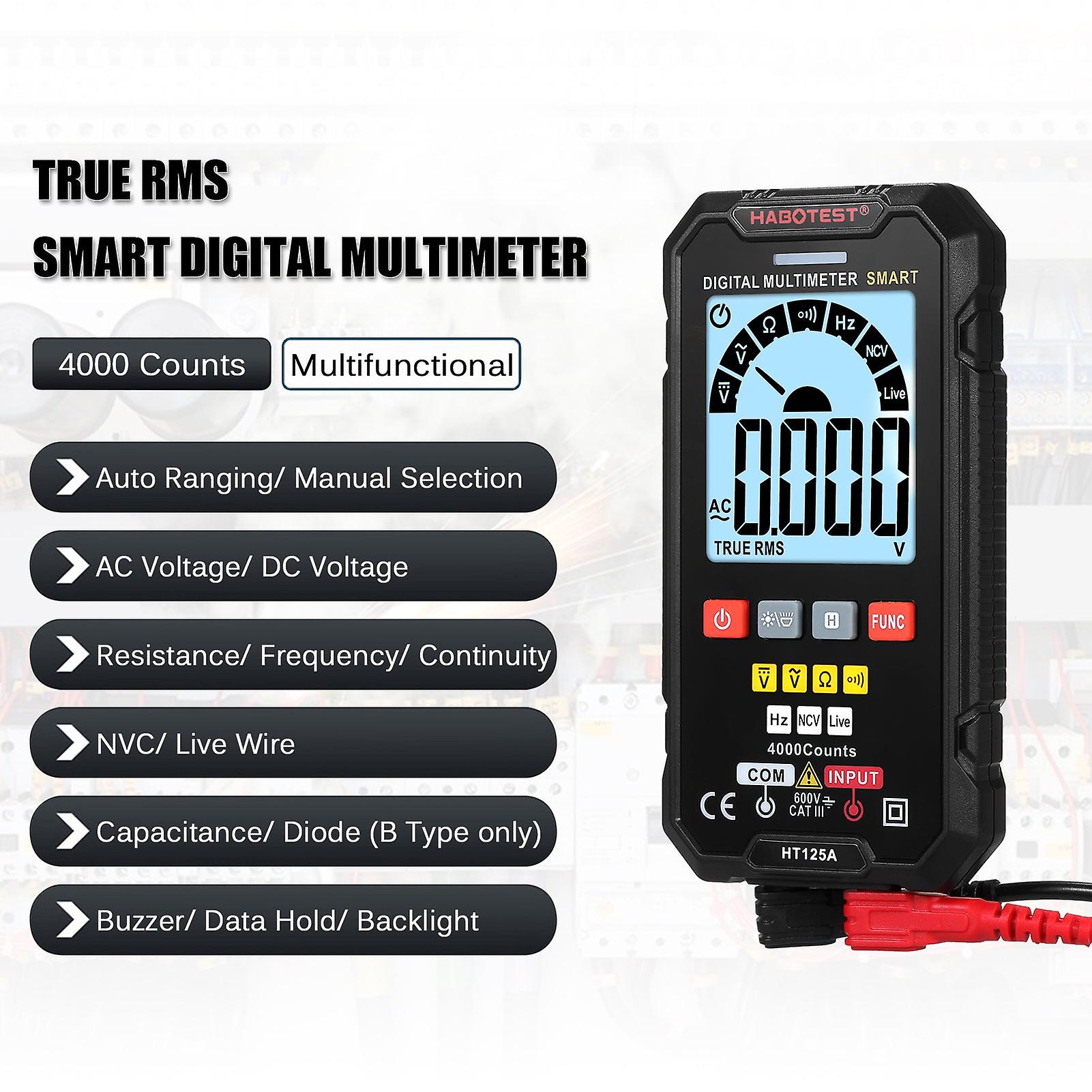 Habotest Ht125a Smart Digital Multimeter 4000 Count True Rms Auto Ranging Voltage Meter With Backlight Lcd 600v Ac Dc Voltmeter