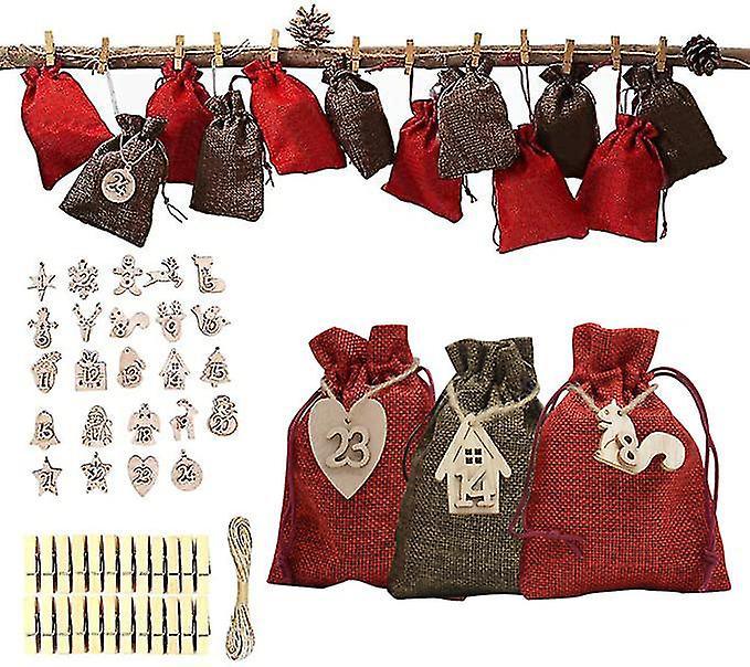 Advent Calendar Burgundy Coffee Set 24 Wooden Label Gift Candy Packaging Organizer