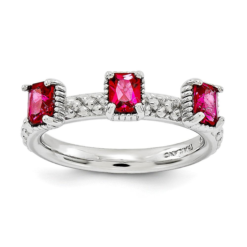2.5mm 925 Sterling Silver Polished Prong set Stackable Created Ruby Three Stone Ring-Stackable-Ring for Women - Ring Siz