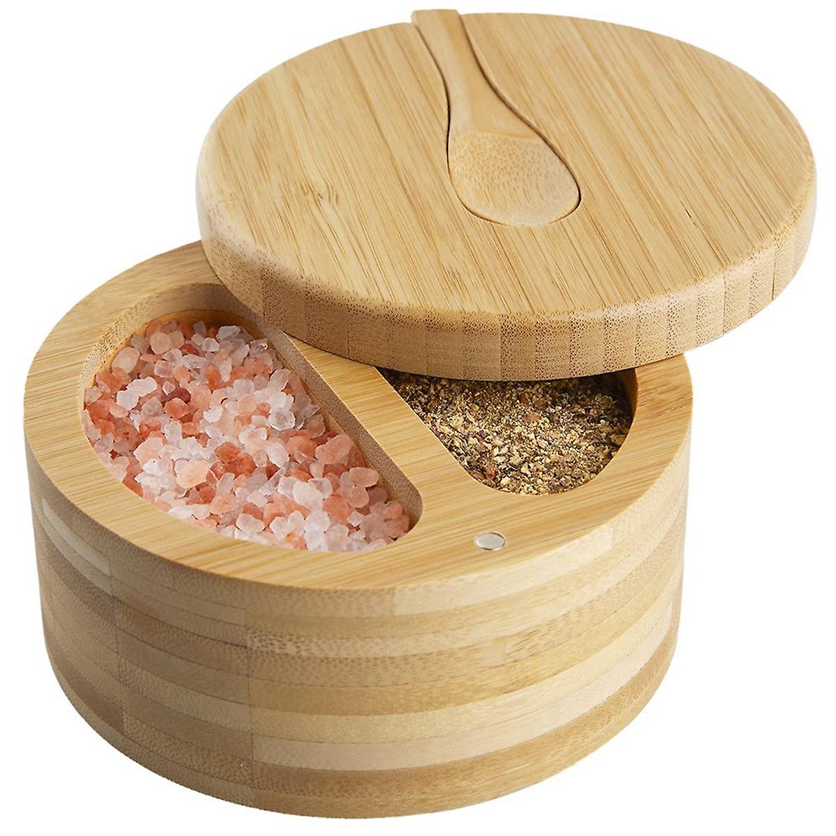 Seasoning Box with Swivel Lid Bamboo Salt Cellar with Lid and Spoon, 2-Compartment Salt Pepper Bowl