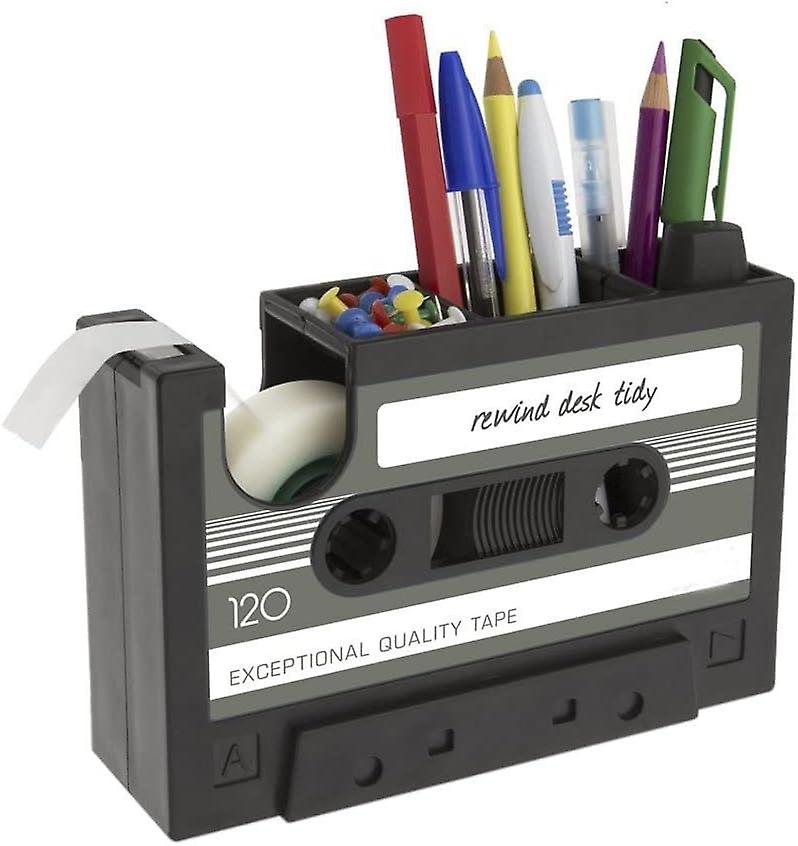 Creative Retro Cassette Shape Pencil Pot Dispenser Tape Dispenser Multi-Functional Desk Organizer P