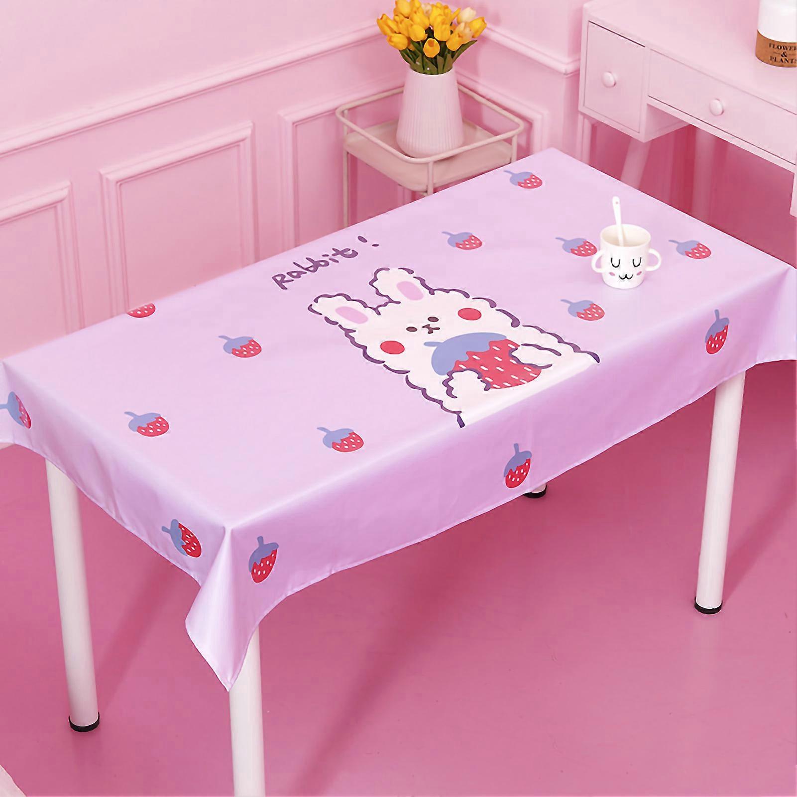 Cute Table Cloth Waterproof Oil Proof Polyester Table Cloth for Student Dormitory Coffee Table Dining Table Pink Rabbit 100Width150cmLength/39.459.1in