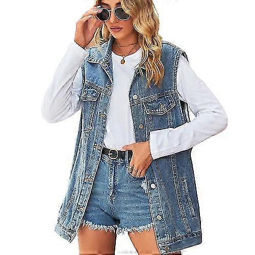 Denim vest for kvinner overdimensjonert ermeløs Jean Jacket