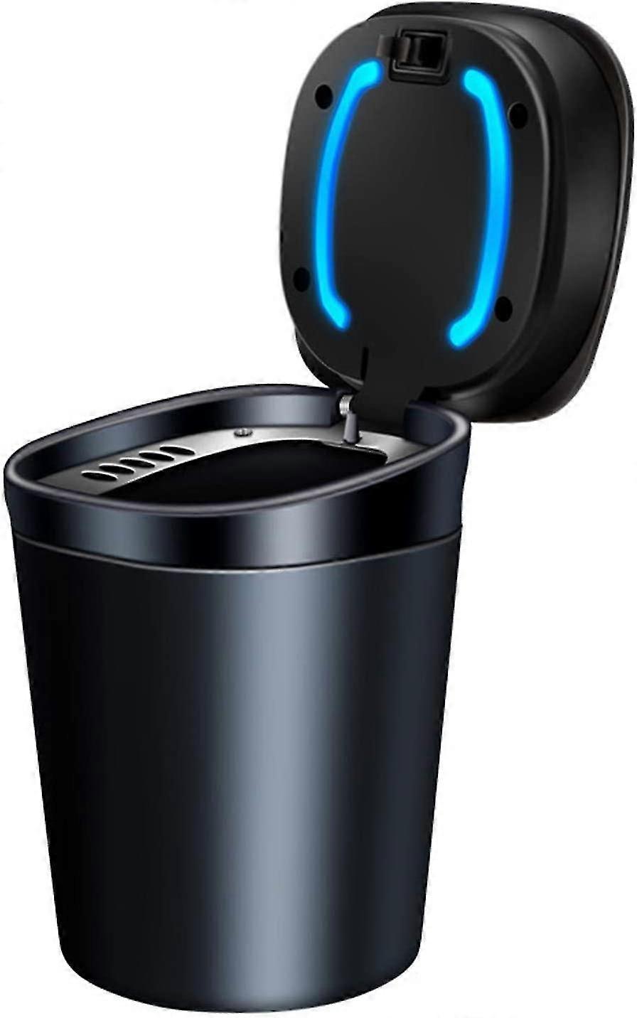 Portable Car Ashtray Mini Car Trash Can With Lid And Blue Led Indicator Car Accessory,black