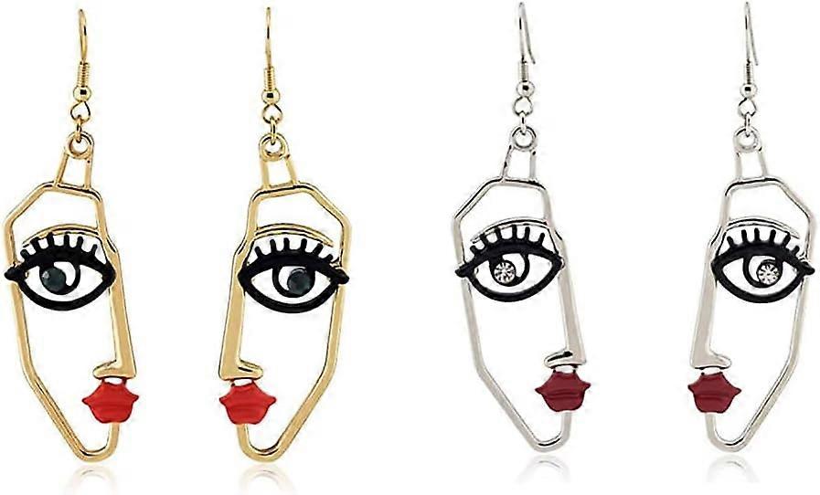 2 pairs Women's Face Statement Dangle Drop Earrings