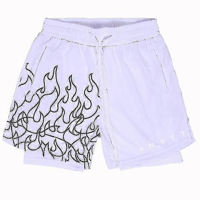 Double Layer Shorts Men Summer Mesh Breathable Gym Basketball Running Quick-drying Shorts Flame Print Fashion Shorts