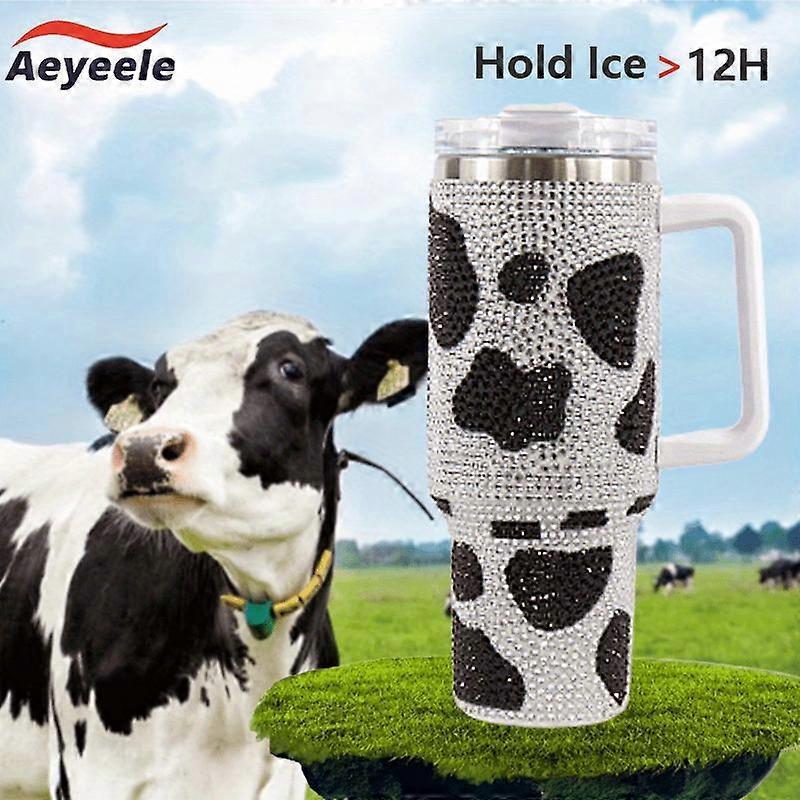 40oz Sparkling Rhinestone Cow Pattern Water Bottle - Durable 304 Stainless Steel Tumbler with BPA-Free Straw & Premium Vacuum Insulation for Summer Fu