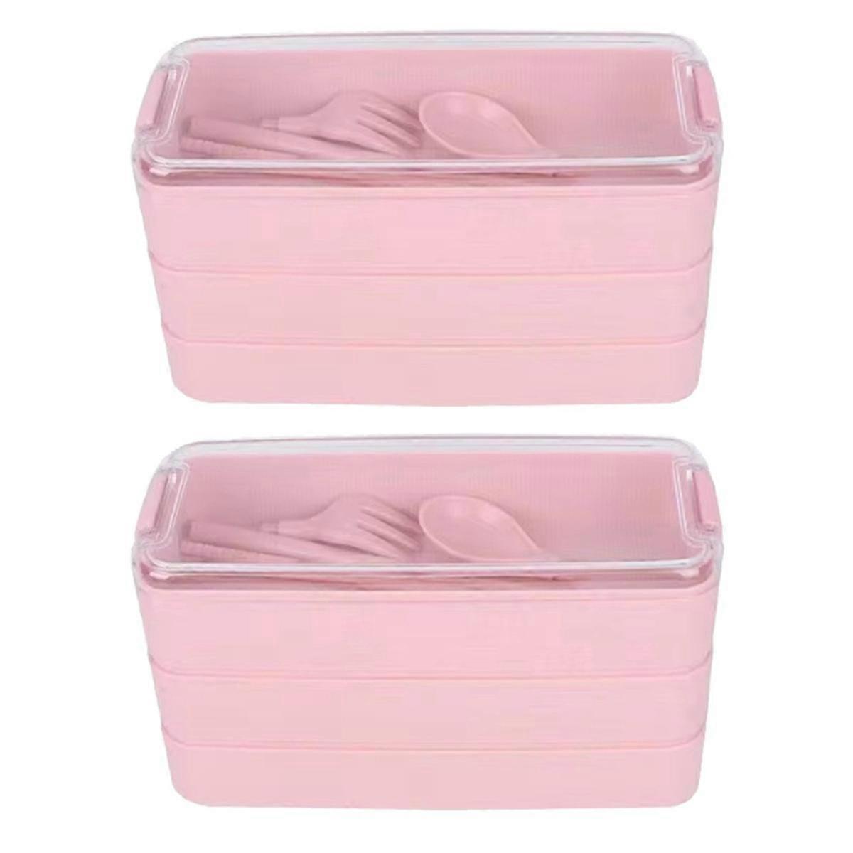 Three-Layer Lunch Box Bento Box Outdoor Lunch Box Microwaveable with Fork & Spoon Pink