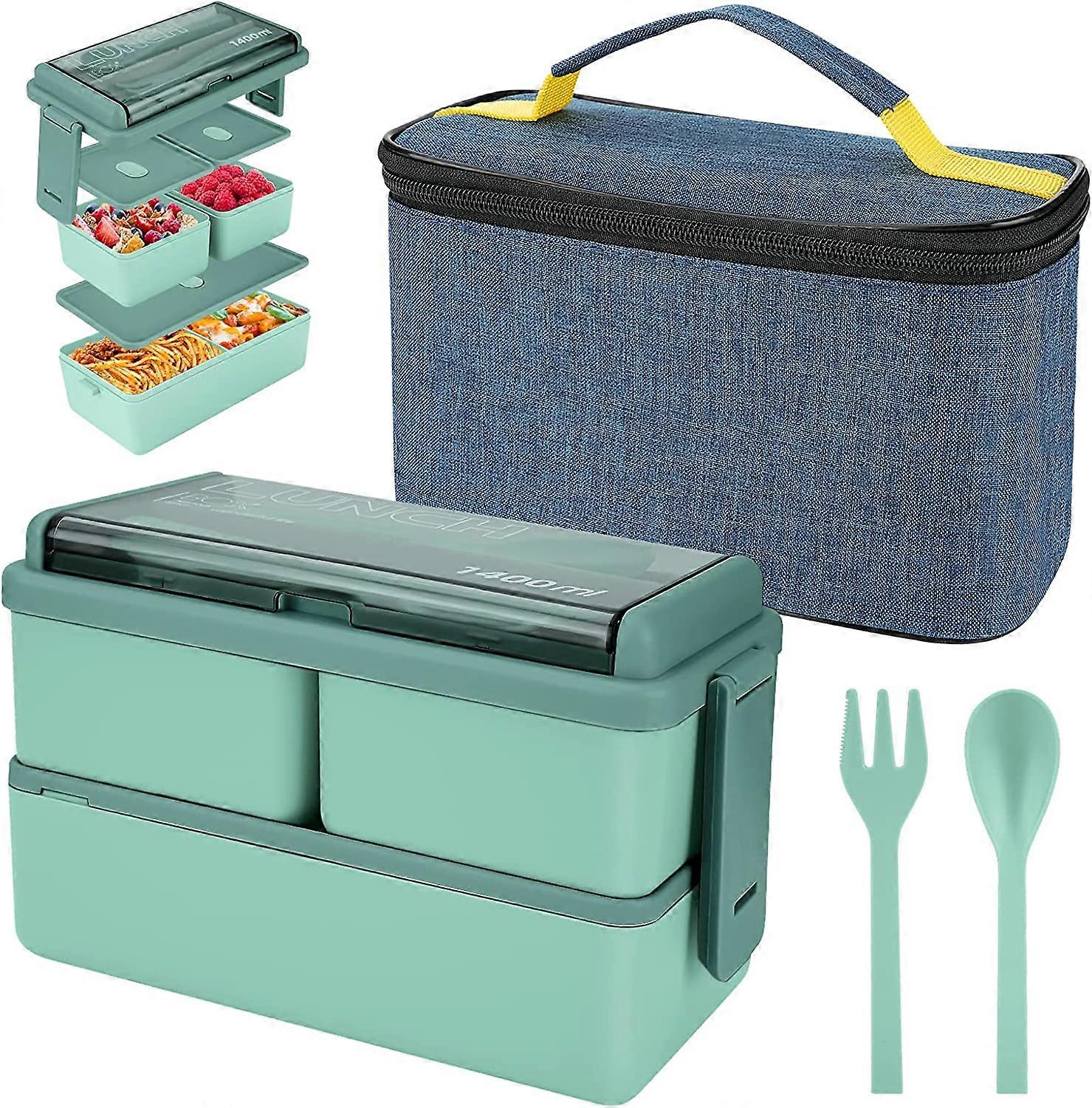 1400ml Lunch Box with 3 Compartments (Green)- 2 Layer Bento Box with Bag and Insulated Cutlery, Meal Prep Container Box for Adults Students Kids