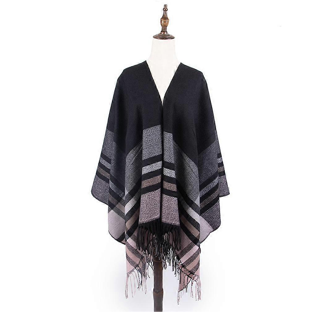 Plaid Shawl Scarf Open Front Poncho Winter Cardigant with Tassel for Lady