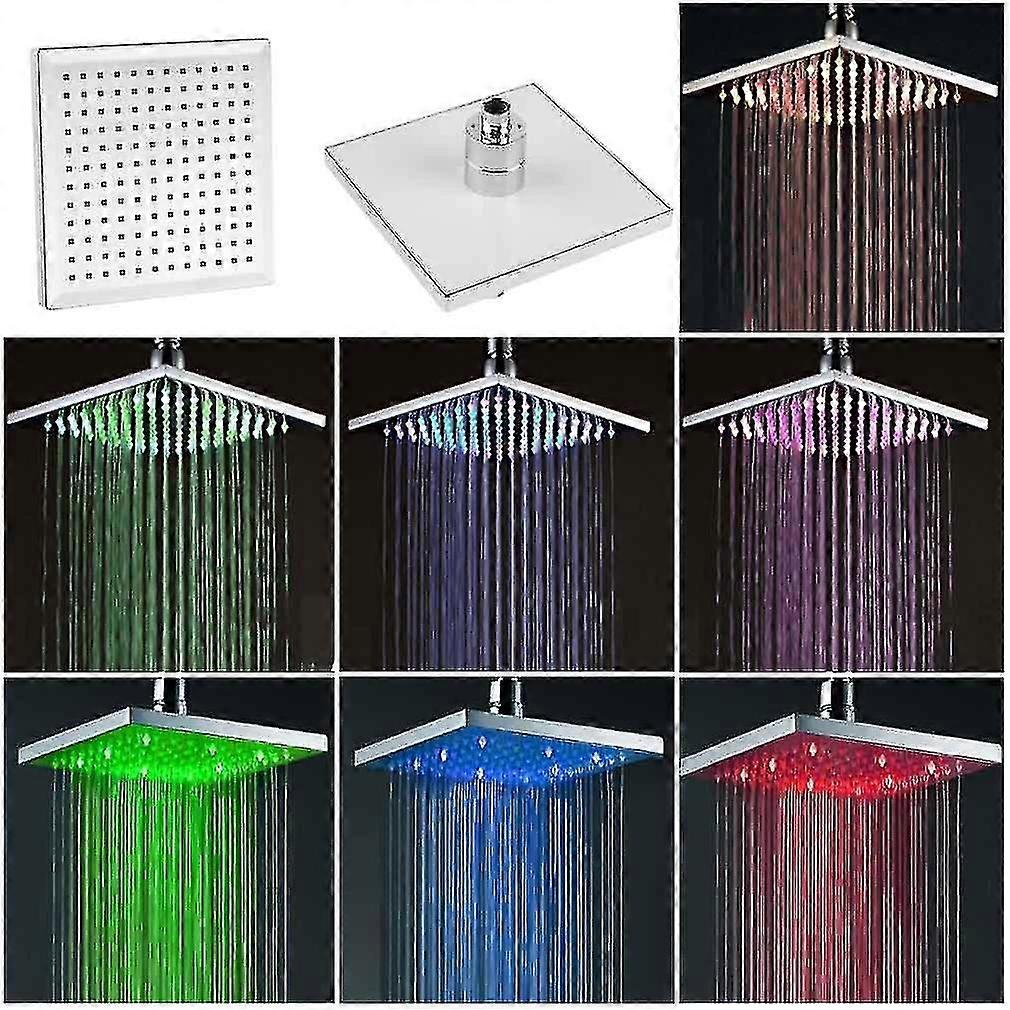 C& 8-inch Square Rainfall Shower 7 Colors Led Changing Bathroom Over-head Spray