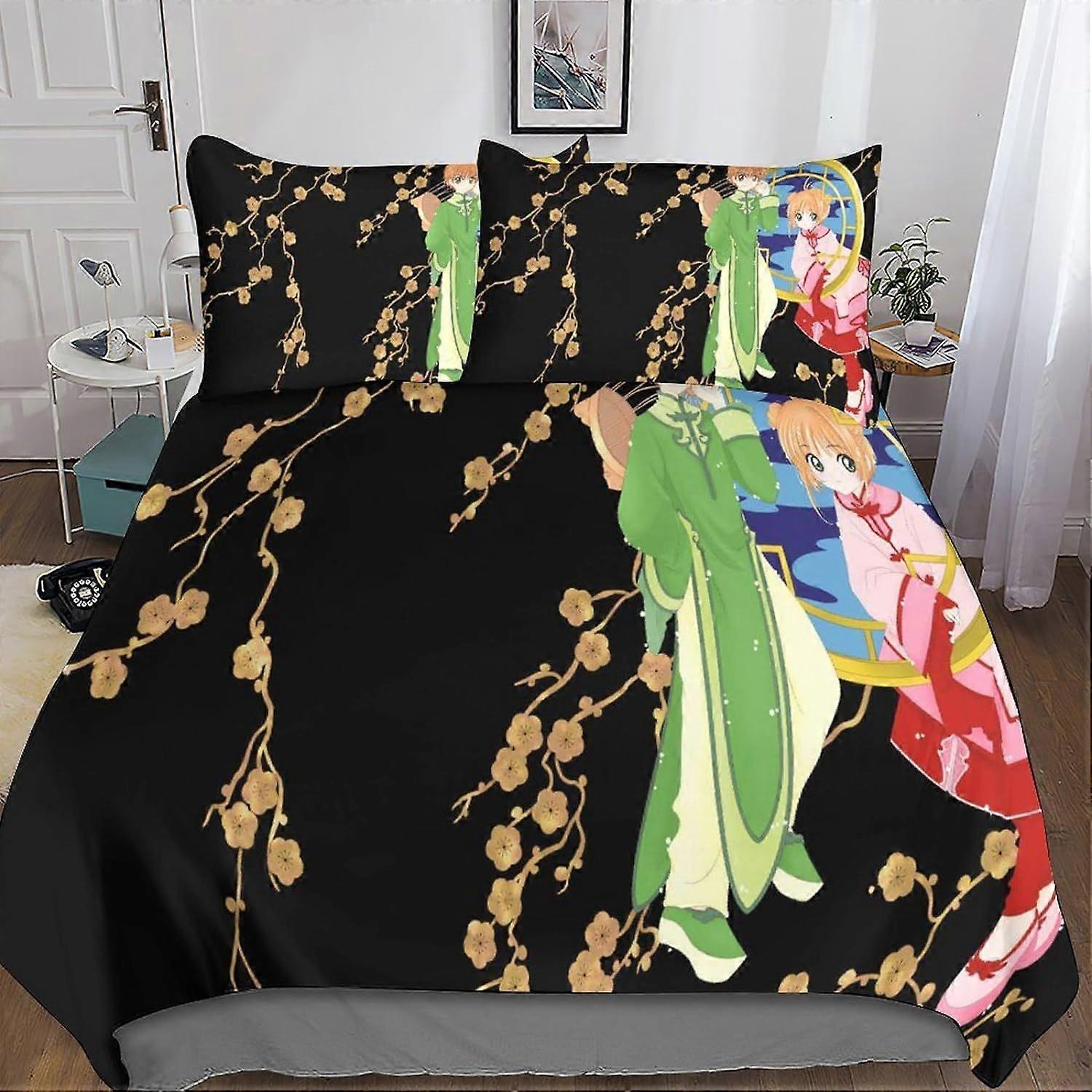 Cardcaptor Sakura 3D Bedding Set, 3 Pcs Anime Bedding Set, Microfiber Duvet Cover & Pillowcases with Zipper Closure for Single or Double Bed