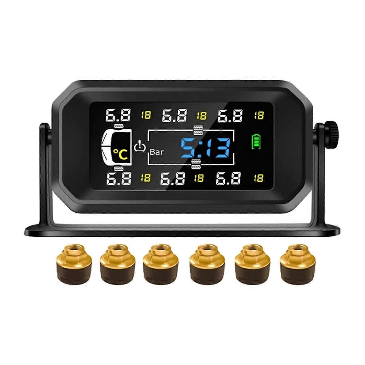 Auto Wohnmobil LKW TPMS 6 Räder Sensor Solar Reifendrucküberwachungssystem Temperaturuhr Luftdruckanzeige Alarm B